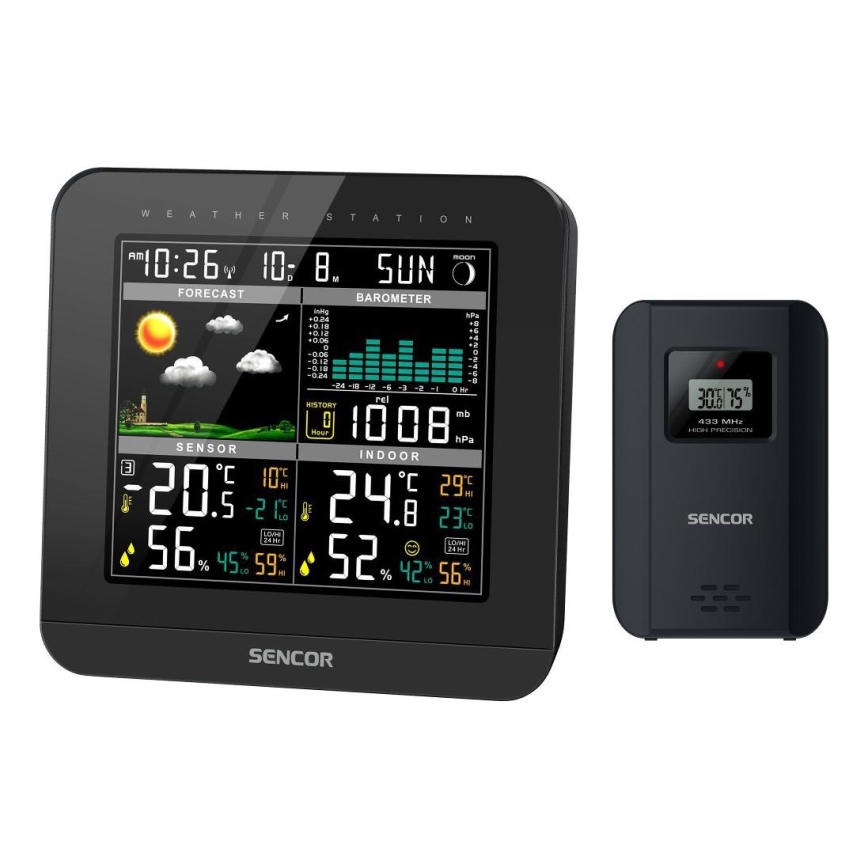 Sencor - Wetterstation mit Farb-LCD-Anzeige und Wecker 3xAAA schwarz