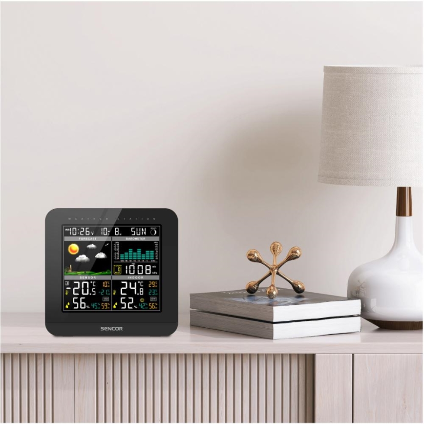 Sencor - Wetterstation mit Farb-LCD-Anzeige und Wecker 3xAAA schwarz
