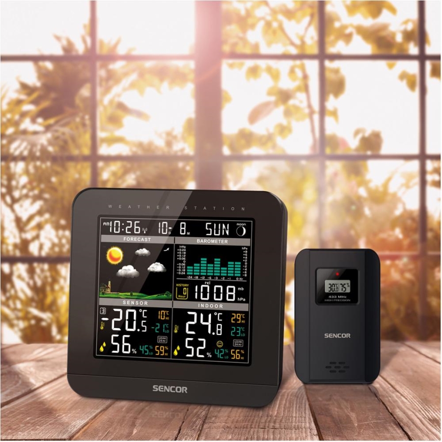 Sencor - Wetterstation mit Farb-LCD-Anzeige und Wecker 3xAAA schwarz
