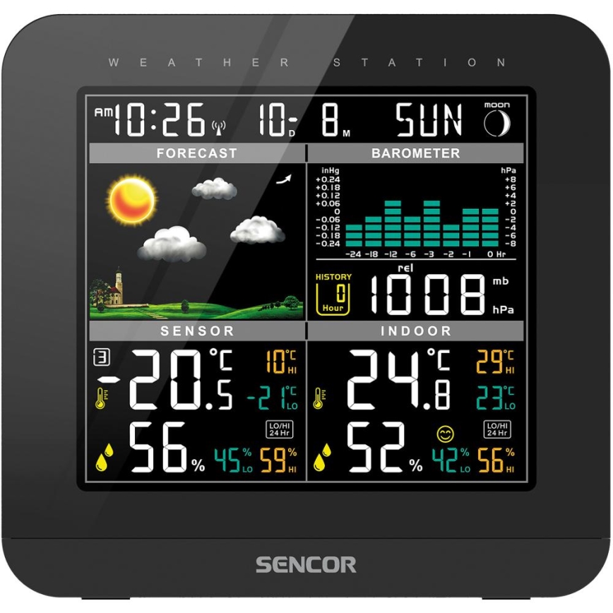 Sencor - Wetterstation mit Farb-LCD-Anzeige und Wecker 3xAAA schwarz