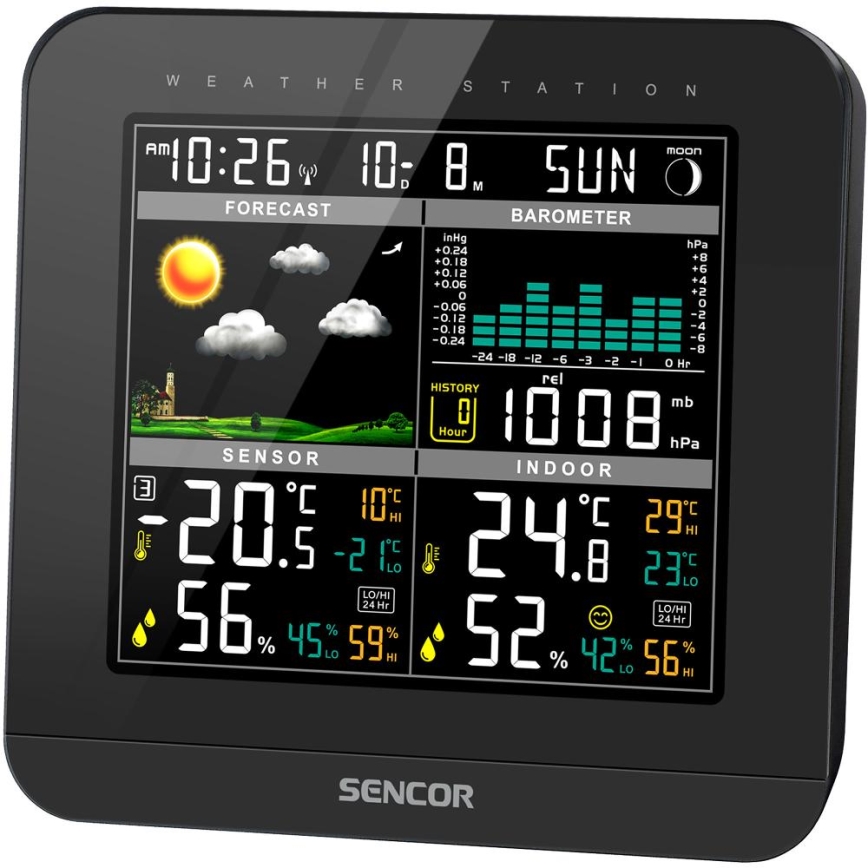 Sencor - Wetterstation mit Farb-LCD-Anzeige und Wecker 3xAAA schwarz