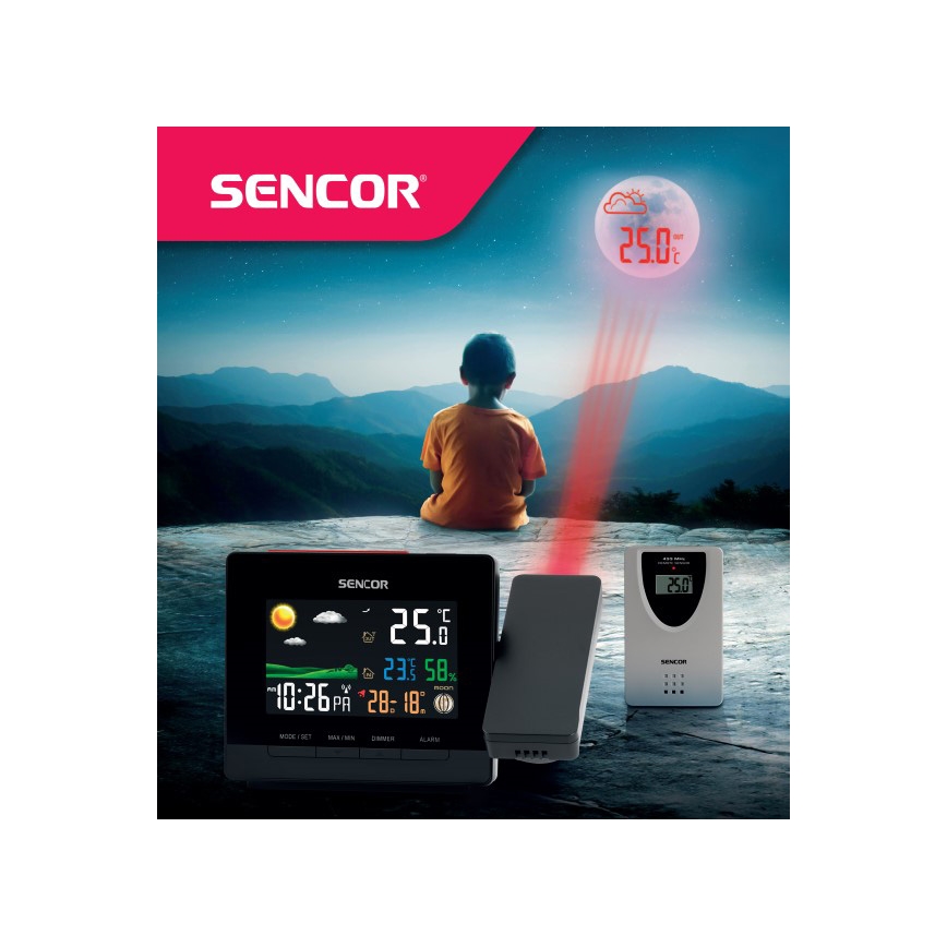 Sencor - Wetterstation mit Farb-LCD-Anzeige, Wecker und Projektor 2xAA + 2xAAA