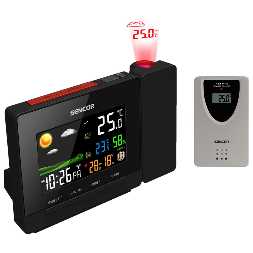 Sencor - Wetterstation mit Farb-LCD-Anzeige, Wecker und Projektor 2xAA + 2xAAA