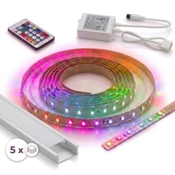SET 1x dimmbarer LED-RGBW-Streifen DIGITAL LED/16,5 W/230 V, 5 m + 5x Einbauprofil 1 m, silber/weiß + Fernbedienung