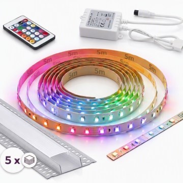 SET 1x dimmbarer LED-RGBW-Streifen DIGITAL LED/16,5W/230V 5 m + 5x Einbauprofil 1 m silber/weiß + Fernbedienung