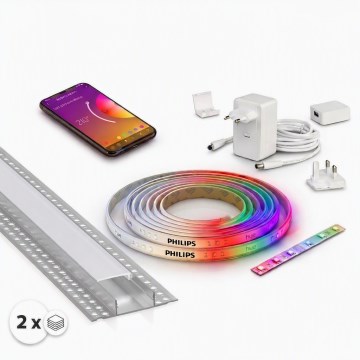 SET 1x dimmbarer LED-RGBW-Streifen Philips Hue WHITE AND COLOR AMBIANCE, LED/20W/230V, 2 m + 2x Einbauprofil 1 m, silber/weiß