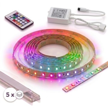 SET 1x dimmbarer RGBW-LED-Streifen DIGITAL LED/16,5W/230V, 5 m + 5x Einbauprofil 1 m, silber/weiß + Fernbedienung