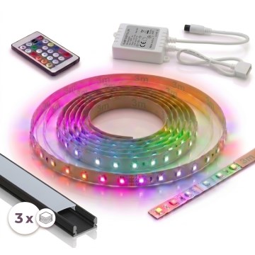 SET 1x dimmbarer RGBW-LED-Streifen DIGITAL LED/9,6W/230V 3 m + 3x Einbauprofil 1 m schwarz/weiß + Fernbedienung