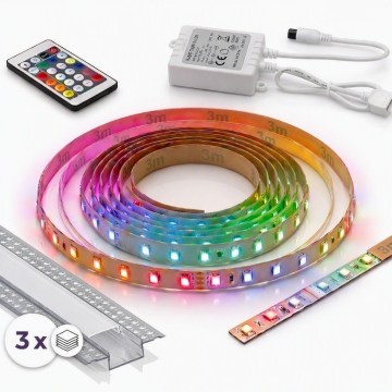 SET 1x dimmbarer RGBW-LED-Streifen DIGITAL LED/9,6W/230V 3 m + 3x Einbauprofil 1 m silber/weiß + Fernbedienung