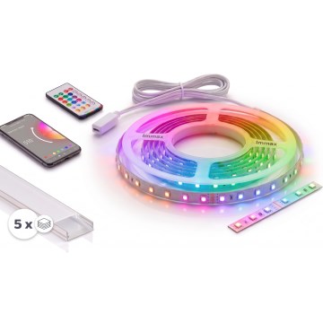 SET 1x dimmbarer RGBW-LED-Streifen NEO LITE MUSIC LED/24W/230V, 5 m, IP65, Wi‑Fi (Tuya) + 5x Einbauprofil 1 m, silber/weiß + Fernbedienung