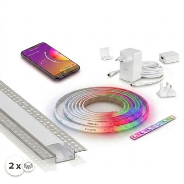 Set 1x dimmbarer RGBW-LED-Streifen Philips Hue WHITE AND COLOR AMBIANCE LED/20W/230V 2 m + 2x Einbauprofil 1 m, silber/weiß