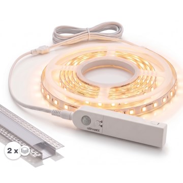SET 1x flexibler LED-Streifen mit Bewegungsmelder FLEX LED/3,6W/4xAA 2 m + 2x Einbauprofil 1 m silber/weiß