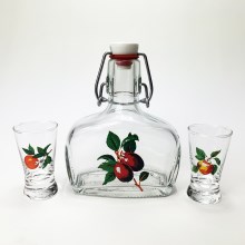 Set 1x Glasflasche und 2x Shot-Gläser klar mit Fruchtmotiv
