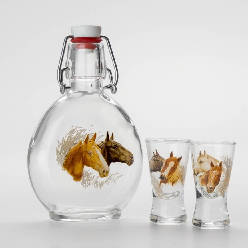 Set 1x Glasflasche und 2x Shot-Gläser klar mit Pferdemotiv