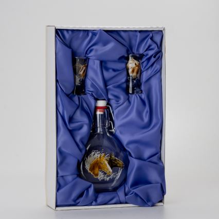 Set 1x Glasflasche und 2x Shot-Gläser klar mit Pferdemotiv
