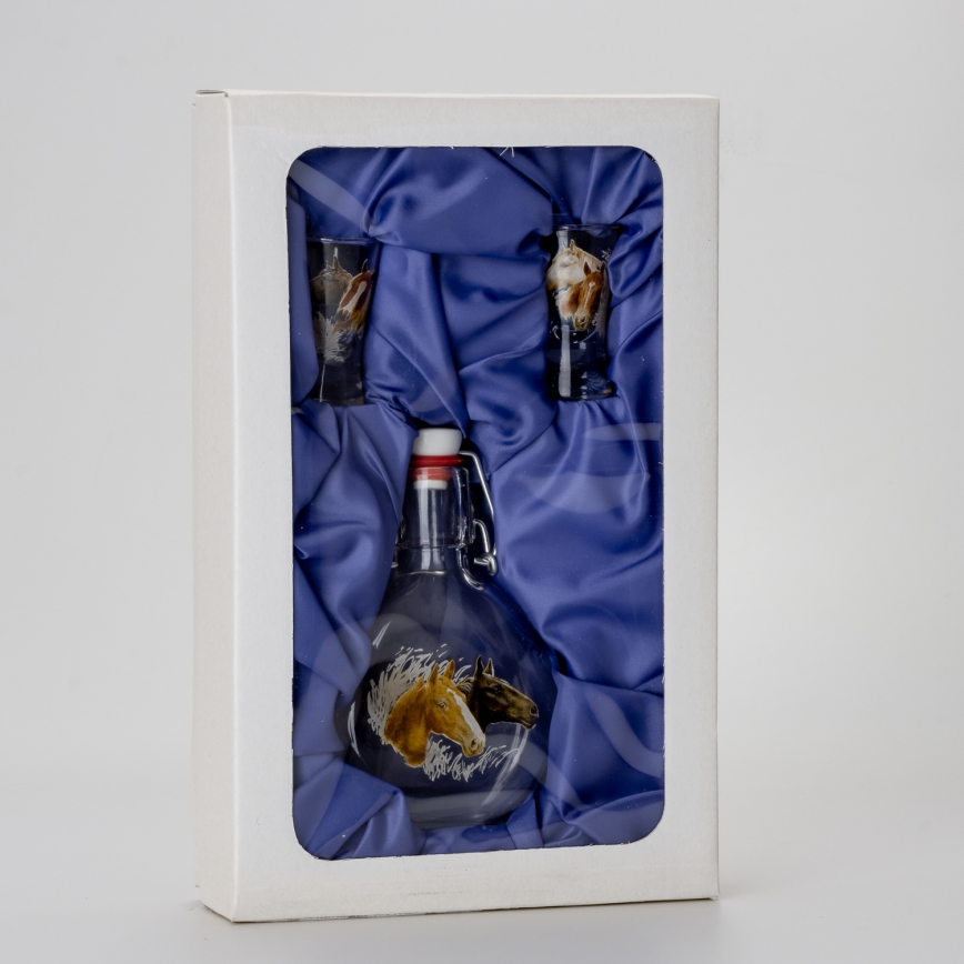 Set 1x Glasflasche und 2x Shot-Gläser klar mit Pferdemotiv