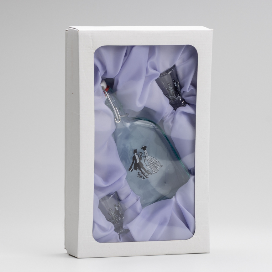 Set 1x Glasflasche und 2x Shot-Gläser klar mit Tanzmotiv