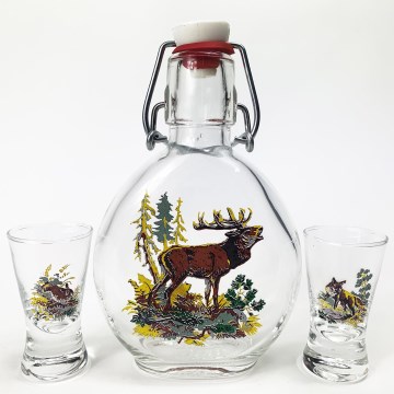 Set 1x Glasflasche und 2x Shot-Gläser klar mit Waldtiermotiv