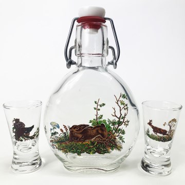 Set 1x Glasflasche und 2x Shot-Gläser klar mit Waldtiermotiv