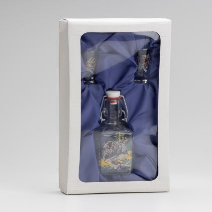 Set 1x Glasflasche und 2x Shot-Gläser klar mit Wildschwein-Motiv