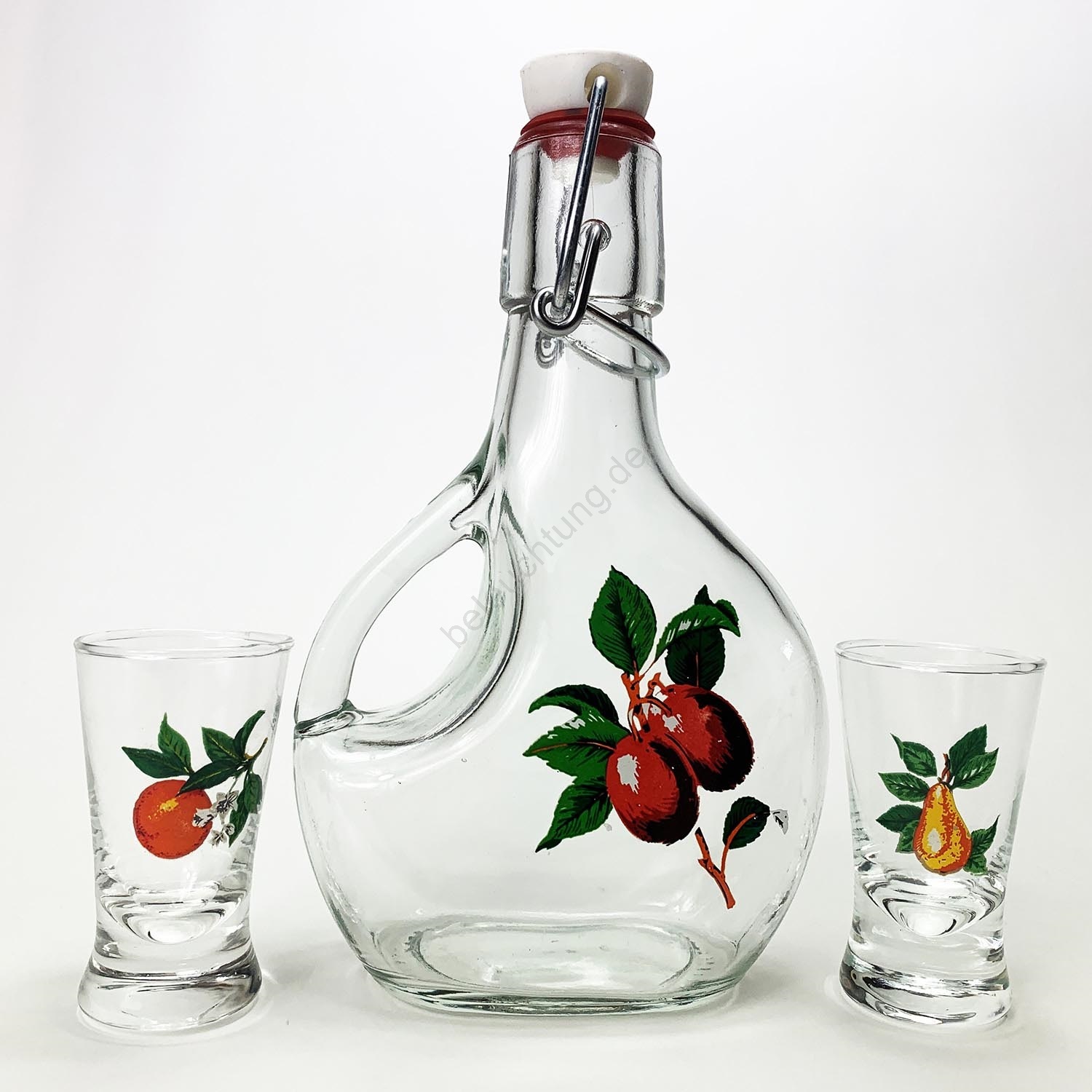 Set 1x Große Flasche + 2x Shot-Gläser klar mit Fruchtmotiv