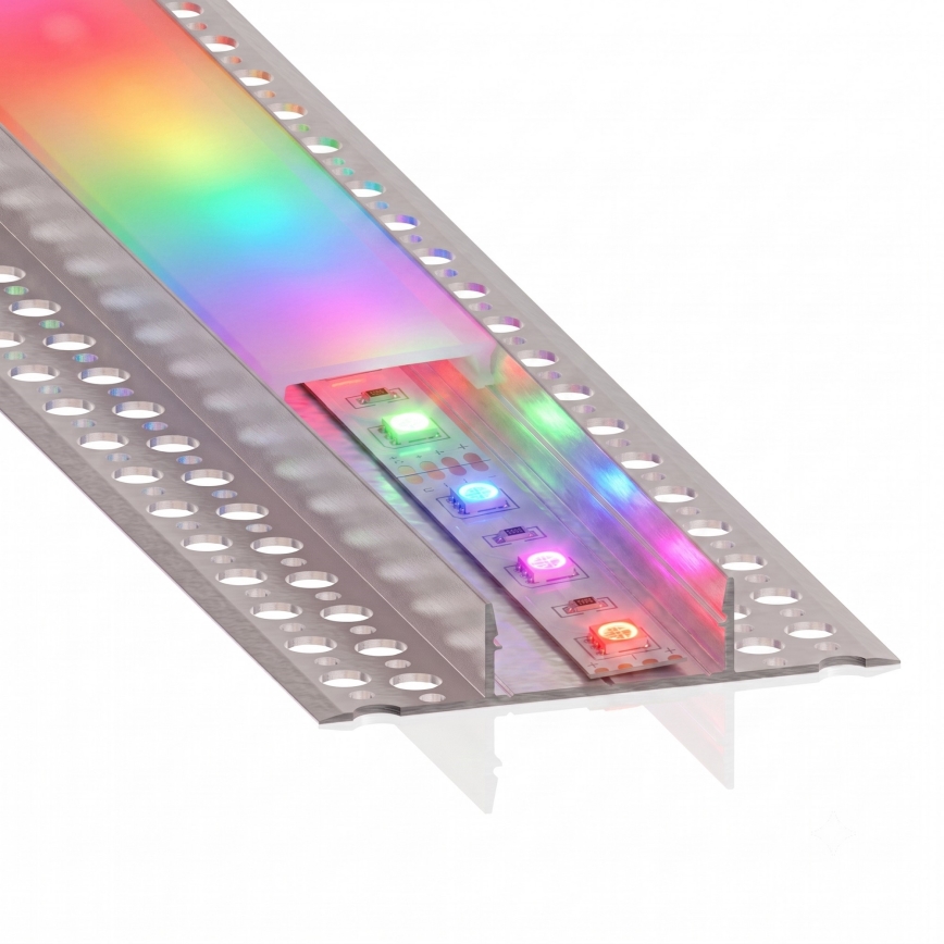 SET 1x dimmbarer LED-RGBW-Streifen NEO LITE MUSIC, 24 W / 230 V, 5 m, IP65, Wi‑Fi (Tuya) + 5x Einbauprofil 1 m, silber/weiß + Fernbedienung