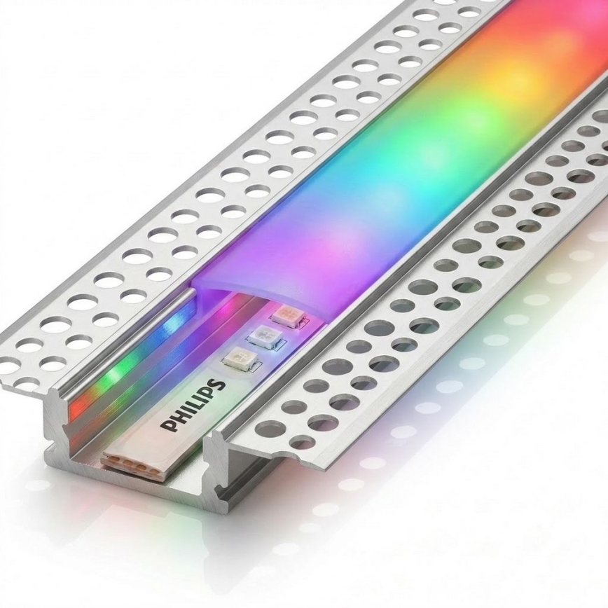 Set 1x dimmbarer RGBW-LED-Streifen Philips Hue WHITE AND COLOR AMBIANCE LED/20W/230V 2 m + 2x Einbauprofil 1 m, silber/weiß