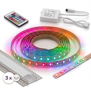 SET 1x RGBW-LED-Streifen dimmbar DIGITAL LED/9,6W/230V 3 m + 3x Einbauprofil 1 m silber/weiß + Fernbedienung