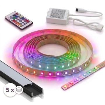 SET 1× dimmbarer RGBW-LED-Streifen DIGITAL LED/16,5W/230V 5 m + 5× Einbauprofil 1 m schwarz/weiß + Fernbedienung