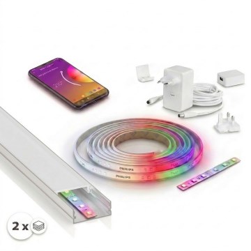 SET 1× dimmbarer RGBW-LED-Streifen Philips Hue White and Color Ambiance LED/20W/230V, 2 m + 2× Einbauprofile 1 m, silber/weiß