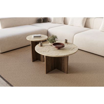 SET 2x Couchtisch PURO Ø 40/70 cm Nussbaum/Travertin