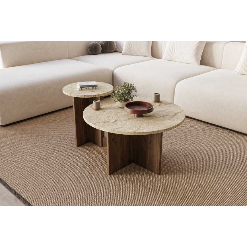 SET 2x Couchtisch PURO Ø 40/70 cm Nussbaum/Travertin