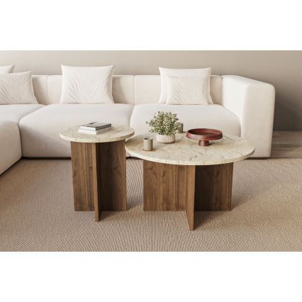 SET 2x Couchtisch PURO Ø 40/70 cm Nussbaum/Travertin