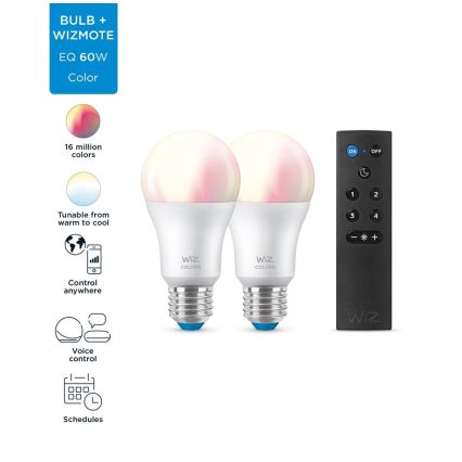 SET 2x Dimmbare LED-RGBW-Glühbirne A60 E27/8,5W/230V 2200-6500K Wi-Fi + Fernbedienung - WiZ