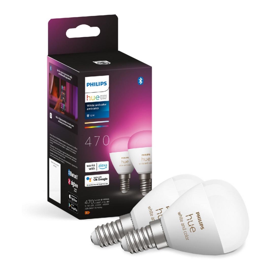 SET 2x Dimmbare LED-RGBW-Glühbirne Philips Hue White And Color Ambiance P45 E14/5,1W/230V 2000-6500K