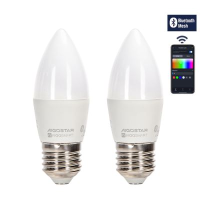 SET 2x Dimmbare LED-RGBW-Lampe MESH Smart C37 E27/6,5W/230V 2700-6500K + Fernbedienung - Aigostar
