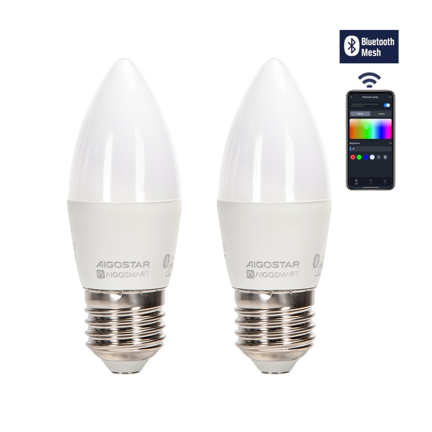 SET 2x Dimmbare LED-RGBW-Lampe MESH Smart C37 E27/6,5W/230V 2700-6500K + Fernbedienung - Aigostar
