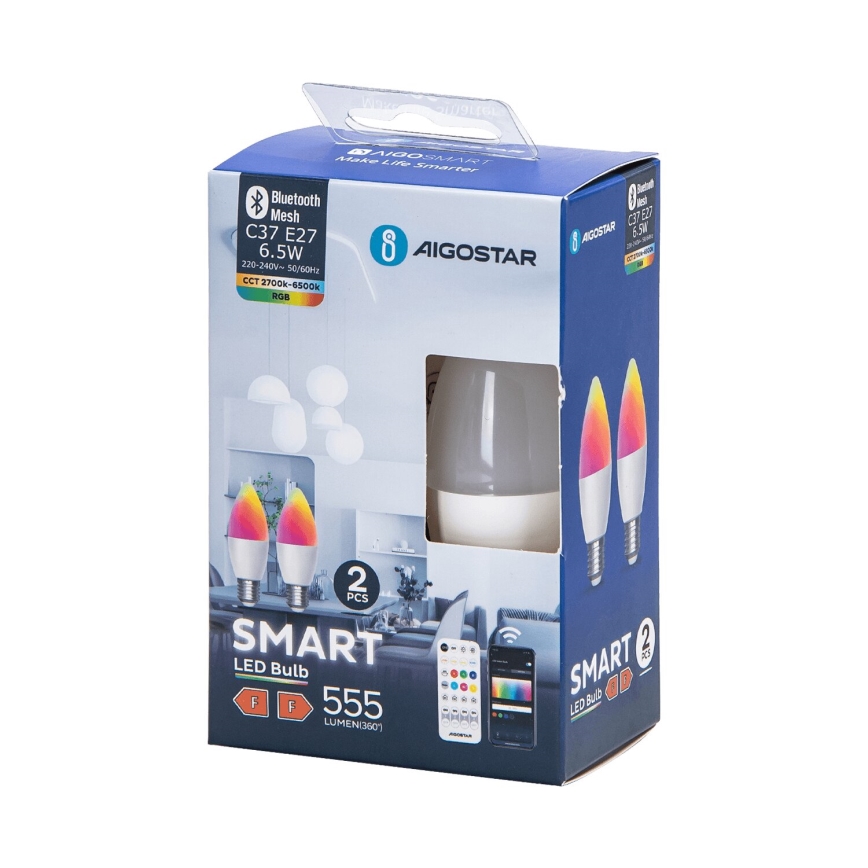 SET 2x Dimmbare LED-RGBW-Lampe MESH Smart C37 E27/6,5W/230V 2700-6500K + Fernbedienung - Aigostar