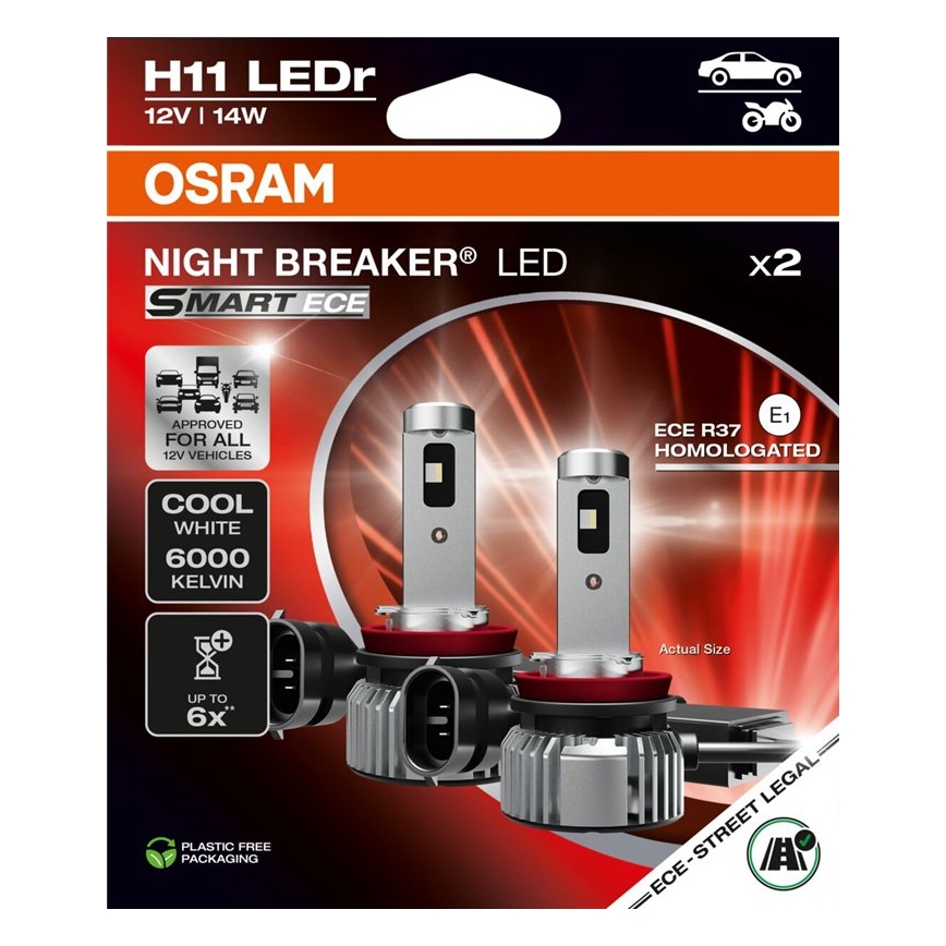 Set 2x LED-Autolampen NIGHT BREAKER SMART H11 PGJ19-2/14W/12V 6000K - Osram