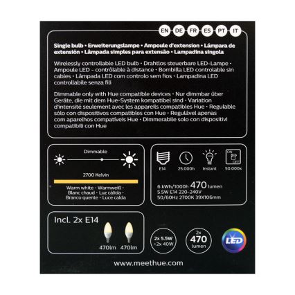 SET 2x LED Dimmbare Glühbirne Philips Hue WHITE E14/5,5W/230V 2700K