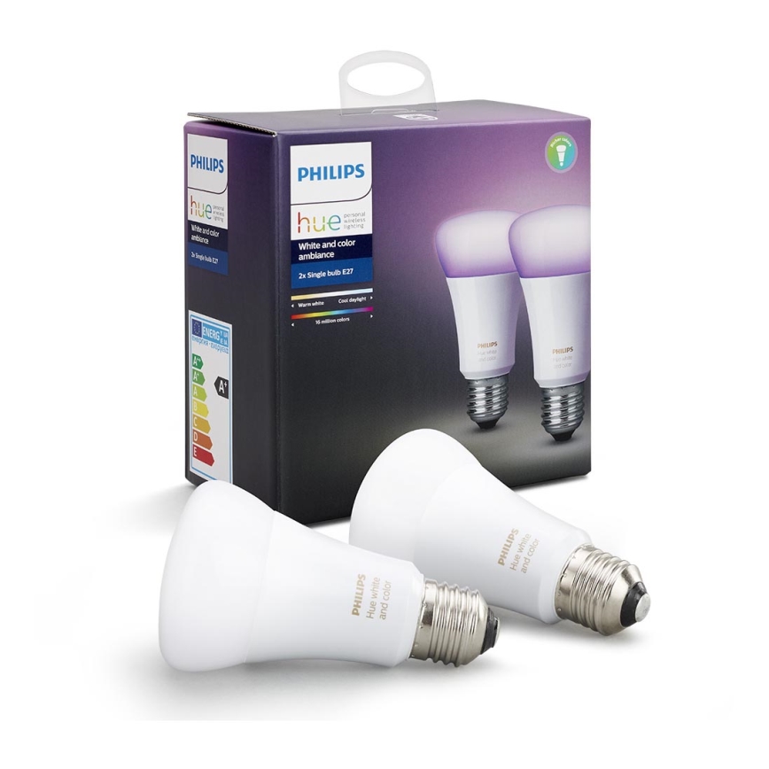 SET 2x LED RGB dimmbare Glühbirne Philips Hue WHITE AND COLOR E27/10W/230V