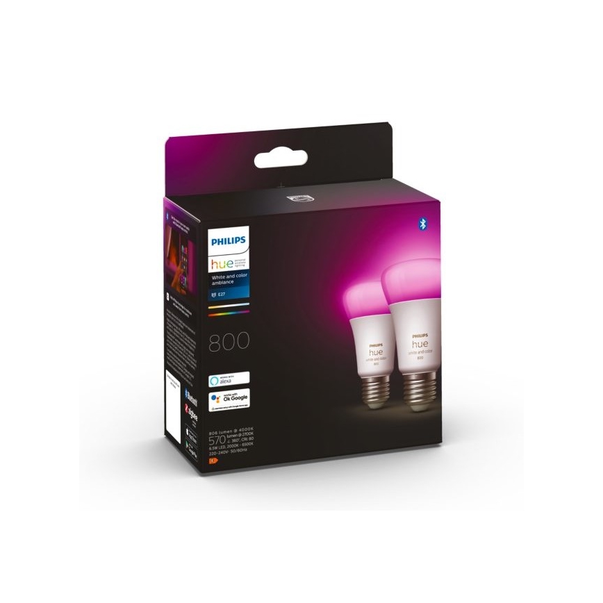 SET 2x dimmbare LED-Glühbirne Philips Hue White and Color Ambiance A60 E27/6,5W/230V 2000-6500K