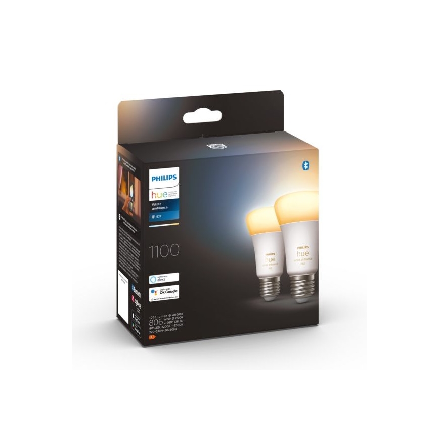 SET 2xLED Dimmbare Glühbirne Philips Hue WHITE AMBIANCE E27/8W/230V 2200-6500K