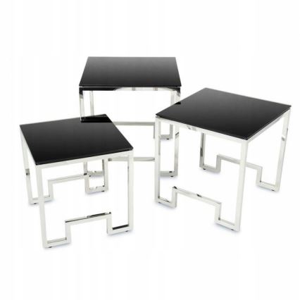 SET 3x Couchtisch SAMMEN glänzendes Chrom/schwarz