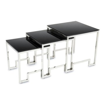 SET 3x Couchtisch SAMMEN glänzendes Chrom/schwarz
