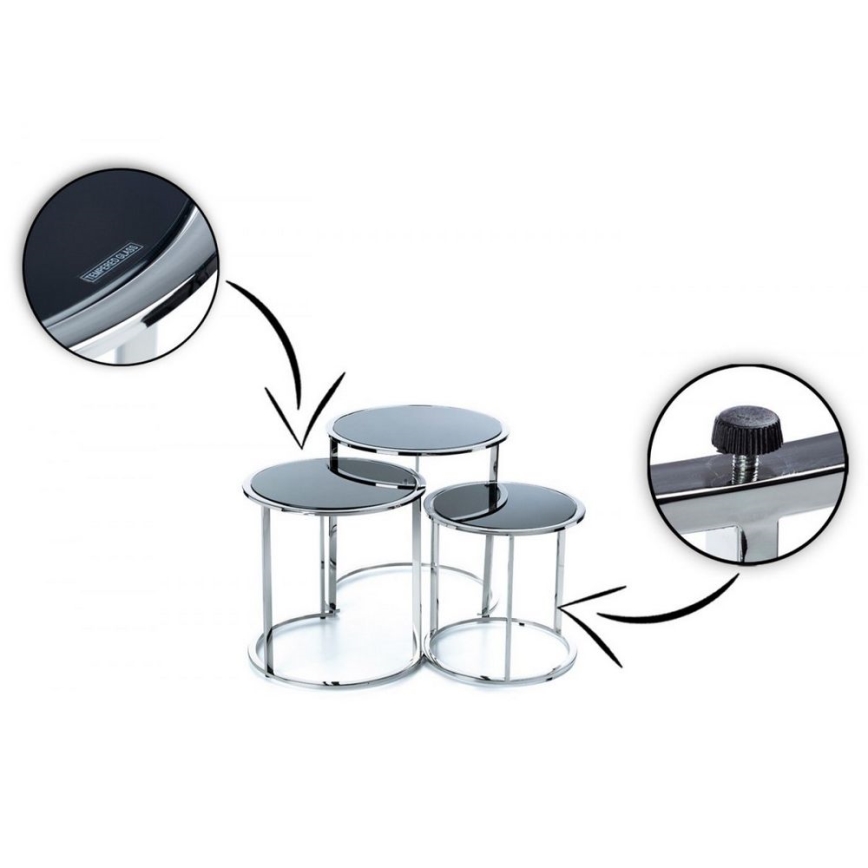 SET 3x Couchtisch VANE glänzendes Chrom/schwarz