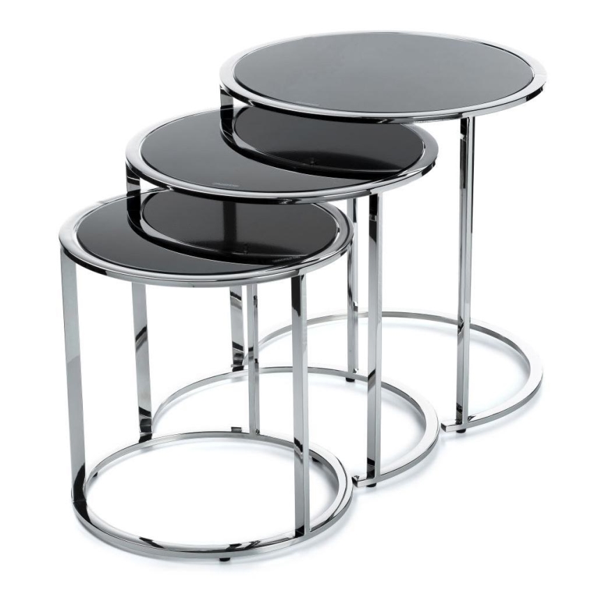 SET 3x Couchtisch VANE glänzendes Chrom/schwarz