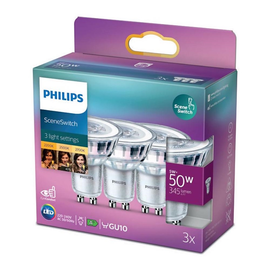 SET 3x Dimmbares LED-Leuchtmittel Philips SCENE SWITCH GU10/5W/230V 2200/2500/2700K