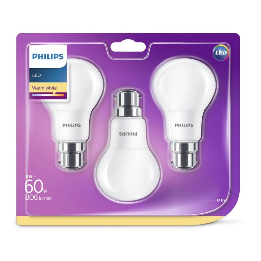 SET 3x LED-Glühbirne Philips B22/8W/230V 2700K