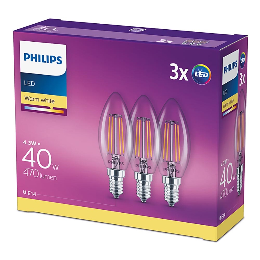 SET 3x LED Glühbirne VINTAGE Philips E14/4,3W/230V 2700K